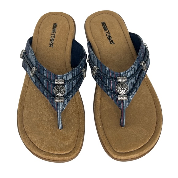 Minnetonka Blue Silverthorne Thong Slide Fabric And Leather Sandals Size 10M - Picture 5 of 14